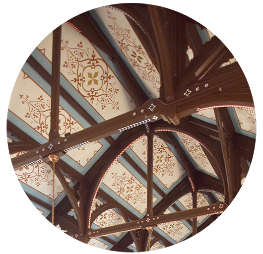 Ceiling with decorative paneling and etchings