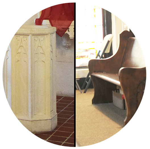 A baptismal font (left) and wooden pew