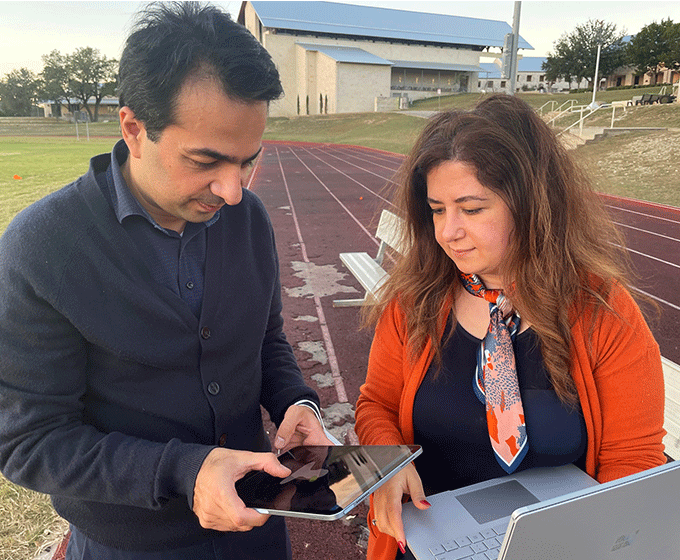 Morteza Seidi (left) and Marzieh Hajiaghamemar (right), assistant professors in the UTSA Department of Biomedical Engineering, are leading an innovative research project to more accurately detect concussions in football players.