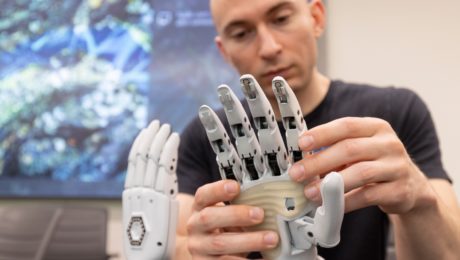 Alt-Bionics found Ryan Saavedra demonstrates the prosthetic hand his company hopes to bring to market. Credit: Bria Woods / San Antonio Report